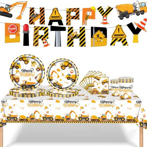 MORAINJAY 70P Digger Birthday Decorations for Boys,Party Tableware Set for Kids,Happy Birthday Digger Tableware Set,Paper Plates Cups Napkins Tablecloth Banner Party Supplies for 16 Guests