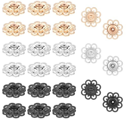 Yuanchu 24 Paar Flache Blumenknopf, 21 mm Groß Druckknöpfe Zum Annähen Metallknöpfe 3 Farben Legierungsknöpfe Druckknopfverschlüsse für Taschen Kleidung Nähzubehör Heimwerkerhandwerk
