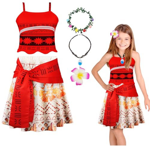 URAQT Disfraz de Moana para Niña, Vestido de Princesa para Niña, Disfraz de Princesa con Collar, Accesorio para Niñas, Disfraces de Carnaval para Fiesta de Cumpleaños, Ropa de Verano, 110CM