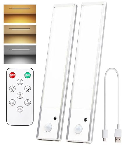 Vorsprung® Under Cabinet LED Lights, Pack of 2, 6000k Dimmable,Wireless, USB Rechargable, Motion Sensor Wardrobe Lights with Remote Control for Kitchen,Stairs,Pantry,Cupboard [Energy Class A]