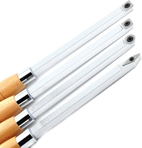 4PCS 17 Carbide Tipped Lathe Chisels Woodturning Tool Kit with Diamond Shape Round and Square Carbide Insert for Woodworking Hollower Detailer Rougher Finisher