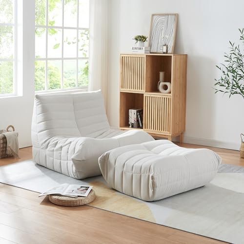 [en.casa] Bodensessel mit Fußhocker Kodsø Mikrofaser Beige Bodenstuhl mit Rückenlehne und Sitzhocker Lesesessel mit Pouf Bodensofa gepolstert Sitzsack Ottomane 75 x 90 x 100 cm Relaxsessel
