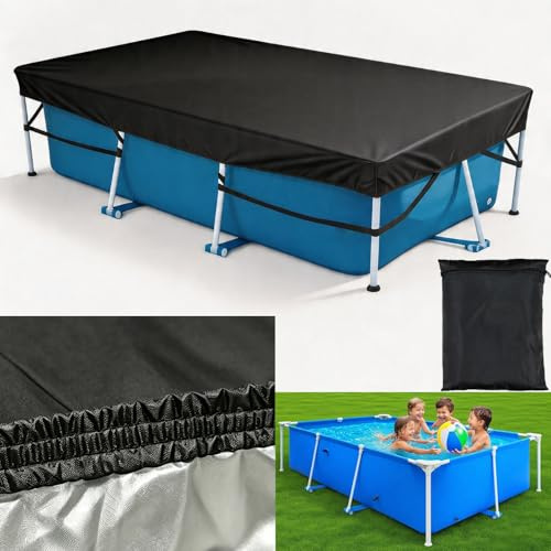 300 x 200 cm Poolabdeckung für Rechteckige Aufstellpools Solarabdeckung Poolabdeckung mit integriertem Gummizug und starkem Gurtband-Fester Sitz und einfache Montage, verhindert Verrutschen (Schwarz)