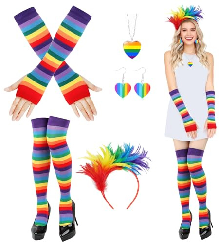NebulaGlam Regenbogen Kostüm für Damen, Bunte Feder Haarreifen, Handschuhe, Socken, Ohrringe, Halskette, Karneval Regenbogen Damen Kostüm, für Damen Karnevalspartys und Bühnenauftritte