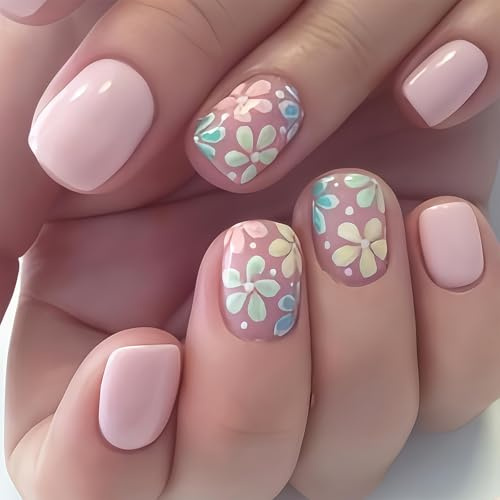 Cosblisvia 24Pcs Press on Nails, False Nails, Fake Nails Kit, Short Square Artificial Nails with Flowers for Women, Girls, Ladies for Daily, Party, Spring (Light Pink)