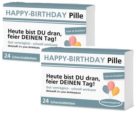 Lustige Pillen Happy Birthday Pille 2er Set, als Geburtstagsgeschenk. Spaß, Anti Stress, gute Laune, witzige Geschenkidee für Mann und Frau