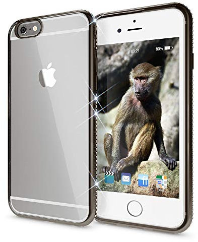 NALIA Case compatible with iPhone 6 6S, Ultra-Thin Clear Silicone Backcover, Shockproof See Through Protector with Glitter Bumper, Transparent Protective Slim Smart-Phone Frame Cover, Color:Black
