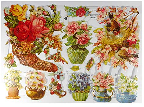 Glanzbilder EF 7186 Blume Rose Korb Vase Vogel Posiebilder Scrapbook Deko GWI 617
