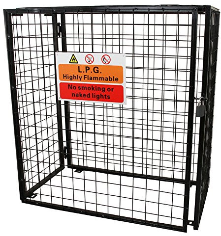 Gas Bottle Cage 920mm x 1100mm x 500mm Collapsible Black Mesh Secure Lockable Storage Powder Coated Galvanised Steel 3mm Wire Thickness 3 x 19kg Cylinder Bottles FREE Warning Sign Padlock & 2 Keys