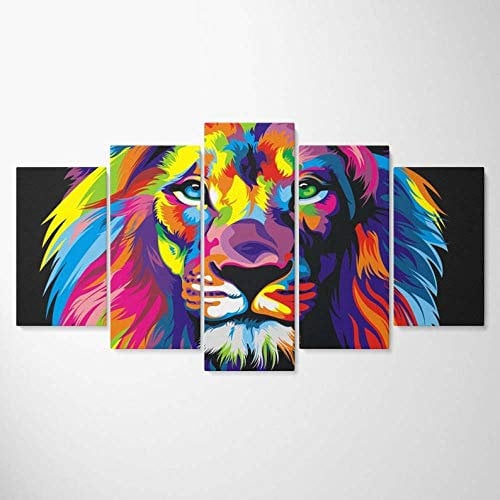 104Tdfc Lion Coloré Tableau Multi Panneau 5 Parties Impression sur Toile Pieces Toile 200X100cm Tableau Tableaux Moderne Decor Murale