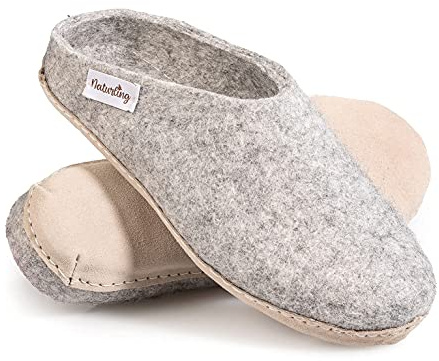 Filz Hausschuhe - Herren Hüttenschuhe mit Ledersohle - Slipper 100% Wolle handgemacht