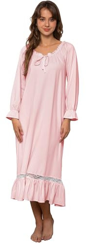 Nanxson Chemise de Nuit Femme Manches Longues Robe de Nuit Vintage Vêtements de Nuit Pyjama (M,Rose)