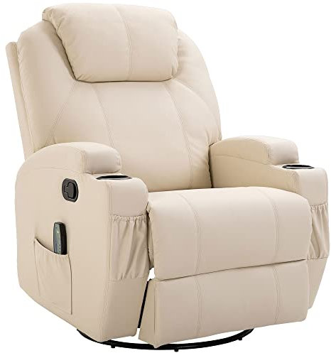HOMCOM Poltrona Massaggiante Reclinabile Manuale, Poltrona Relax Elettrica Girevole con 2 Portabicchieri, Telecomando, Poggiapiedi e 4 Tasche Laterali, in Pelle PU, Legno e Acciaio, Crema