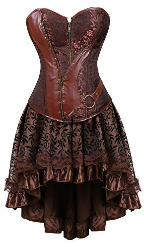 WLFFW Corsetto Pelle e Gonna Tutu Corpetto Donna Steampunk Cerniera(EU(32-34) S, Marrone)