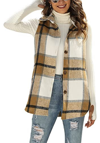 UANEO Damen Flanell Plaid Weste Retro Knopfleiste Taschen Ärmellose Jacke Overshirt, khaki, Medium