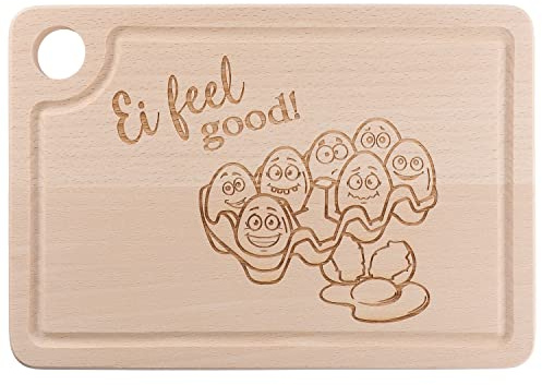 Spruchreif · Schneidebrett aus Holz Mit Witziger Gravur und Griffloch · Eierhalter · Frühstücksbrett · 'Ei Feel Good'