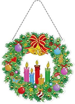 NSXIN 5D Diamond Painting Weihnachten Deko, DIY Diamant Malerei Bilder Kit Weihnachtskranz mit LED-Licht, Handwerk Applique Mosaik für Haustür Wand Fenster Weihnachtsdekor (A9)