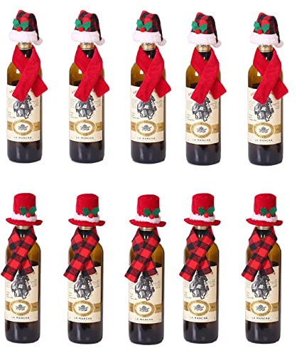 FYBlossom Weihnachten Weinflasche Abdeckung Flaschenüberzug, Mini Weihnachtsmütze Und Weihnachtsschal Weihnachten Flaschen Deko, Wiederverwendbare Wein Geschenk Beutel Für Festival Party Tisch Dekor