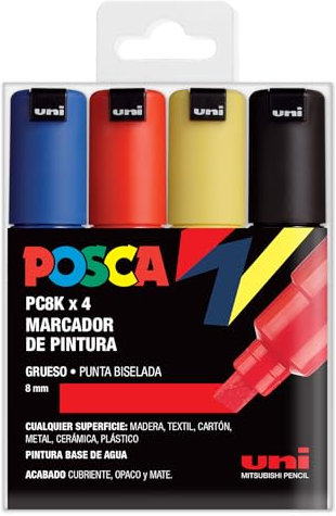 UNI Posca Set of 4 PC8K Chisel Tip Markers Basic Colours