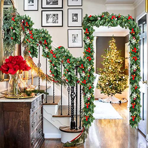 Fiqops 2er 5m Weihnachtsgirlande mit Beleuchtung, Tannengirlande Künstlich inkl. Deko, mit 100 LEDs Warmweiß, IP44 Weihnachtskranz 8 Modus Girlande Weihnachtsdeko für Weihnachten, Kamine