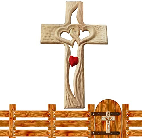 astound Geschnitztes Holzkreuz - An der Wand befestigte ineinander verschlungene Herzen Wandkunst - Handgeschnitztes Holzkreuz im antiken Design zum Aufhängen an der Wand im Wohnzimmer