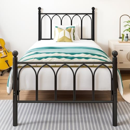 Diahomy Metallbett mit Lattenrost Bettrahmen mit Kopfteil Einzelbett Gästebett Einzelbettgestell 90 x 200 cm, Schwarz
