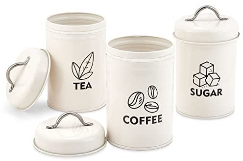 Herogo Tea Coffee Sugar Canisters Set of 3, Cream Storage Canisters Jars with Lids, Vintage Retro Style Kitchen Containers Set for Dry Food, Flour, Seeds, Nuts, Healthy & Easy Clean