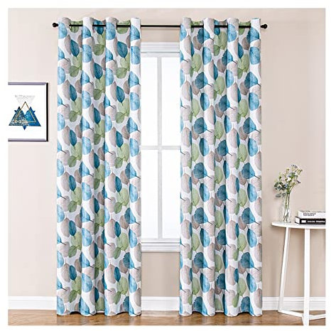 Lieson Vorhang Wohnzimmer 2er Set Blickdicht, Polyester Lichtundurchlässige Vorhänge mit Ösen Blätter Muster Gardinen Schlafzimmer Grau Blau Grün 107x115CM