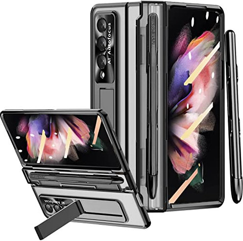 Miimall Handyhülle Kompatibel mit Samsung Galaxy Z Fold 3 Hülle mit S Pen, Transparent PC Schutzhülle mit Stift Halter + Displayschutzfolie + Ständer Hülle für Samsung Galaxy Z Fold 3 5G Schwarz