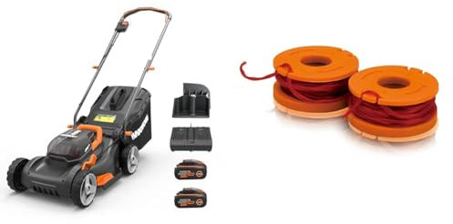 WORX - Tondeuse à Gazon sans Fil 2 * 20V - 2Ah - Tondeuse à Gazon Réglable - Coupe jusqu'aux Bordure & Lot de 2 Bobines de Fil - Coupe de 3m - Compatible avec Les Débroussailleuses
