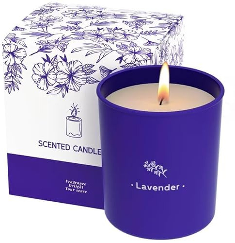 TranquilBliss Lavendelkerzen für Zuhause, 237 ml, Duftkerzen im violetten Glas für Muttertag, Sojawachs für Frauen, 45 Stunden lang anhaltende Brenndauer, trendige Geschenke für sie zum Geburtstag der