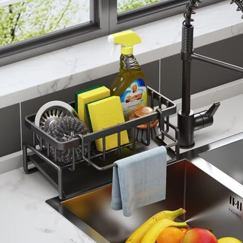 Tielag Spülbecken Organizer, Schwammhalter Küche Aufbewahrung & Organisation, Spüle Organizer mit Abtropfwanne, Spültuchhalter, Schwarz