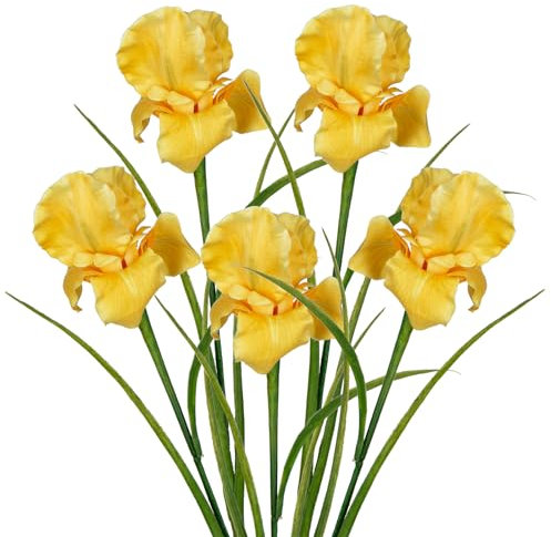 Hollyone Paquete de 5 Flores de Iris Artificiales, Tallo de 60 cm de Largo, Flores de Iris Falsas Amarillas, Decoración de Iris Artificial para el Hogar, Oficina, Boda, Decoración de Fiestas, Arreglo