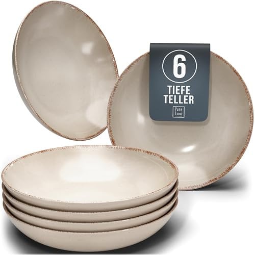 Steingut Suppenteller 6 Personen Rustic TESTSIEGER, Hochwertiges Landhaussttil Steingut Tiefe Teller Set, Pasta Teller Tief Groß - Pure Living in Beige