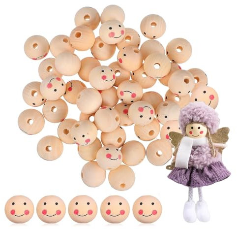 Vocridy 100er Pack Holzperlen mit Gesicht, runde Holzperlen 20 mm, aufziehbare Holzperlen mit Löchern, Holzperlen mit Gesicht Würmer, Holzkugeln mit Gesicht für DIY Schmuck, Armband (Gesicht)