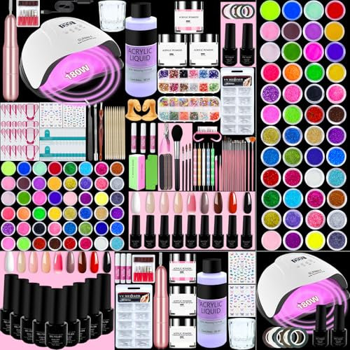 Milai Kit Acrylique Ongles avec 180W UV/LED Lampe/Base&Top Coat,Kit Ongle Gel UV Complet Debutant-9 Couleurs*7ml Ongles Gel UV,Kit Verni Semi Permanent-36 Couleurs Poudre Scintillante pour Nail Design