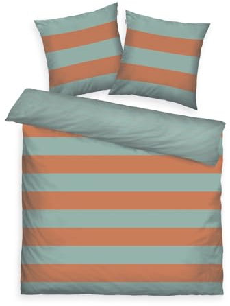 TOM TAILOR Renforcé-Bettwäsche, 2*80x80 cm + 200x220 cm, 100% Baumwolle/Renforcé, mit Wendemotiv und farbigem Markenreißverschluss, BOLD STRIPES Orange, Türkis (Warm Coral & Fresh Sage)