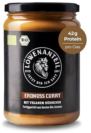 Löwenanteil - 100% Bio-Eintopf ERDNUSS CURRY - 570g Glas - Proteinreiches Bio-Fertiggericht mit veganen Hühnchen & cremiger Erdnussbutter - Ohne Zuckerzusatz & Glutenfrei
