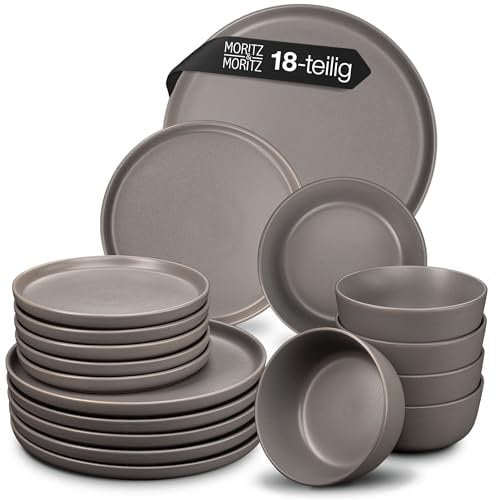 Moritz & Moritz NORDIC Geschirrset 6 Personen - 18-teiliges Steingut Geschirr Set in Grau - Skandinavisches Design - Robustes Teller Set 6 Personen für Alltag & Gäste - Kombiservice Geschirrsets
