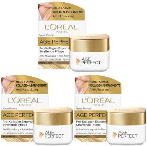 L'Oréal Paris Straffende Tagespflege, Anti-Aging Feuchtigkeitspflege gegen Altersflecken, Für reife Haut, Mit Kollagen-AS-Fragmenten, Age Perfect Pro-Kollagen Experte, 50 ml (Packung mit 3)