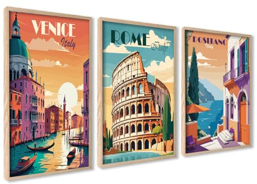 ag.art deco 3er Set Poster Ohne Rahmen Wanddeko Wohnzimmer Modernes Design | Vintage 60x80 Travel für Wand Deko Wohnzimmer Schlafzimmer Kunstdruck mit Italienische Städtebilder Bilder, Einfache Montage