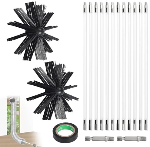 EFUTURETIME 4.8m Juego de Deshollinador de Chimeneas, Deshollinador Cepillo Nylon de 150 mm con 12 Varilla Flexible 410mm, se Puede Utilizar con Destornillador para Chimenea, Conducto, Tubo, Secadora