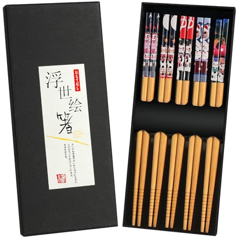 AMFUN 5 Paires Baguettes Chinoises, 22.5cm Baguettes en Bois, Chat Porte-bonheur Antidérapant Chopsticks, Réutilisable Bambou Naturel Baguette pour Maison Cuisine Hôtel