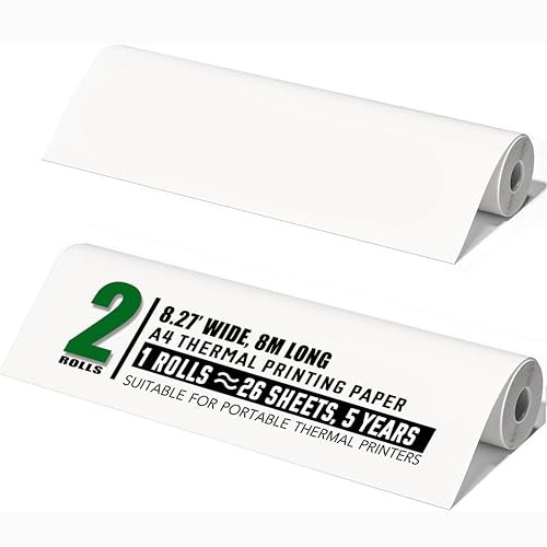 2 Rouleaux de Papier Thermique A4, 210 mm / 8 m de Long pour Imprimante Portable, 26 Feuilles/Rouleau, Compatible avec M832/834, Idéal pour Voyage ou Travaux de Terrain, Impression de Contrats, Photos