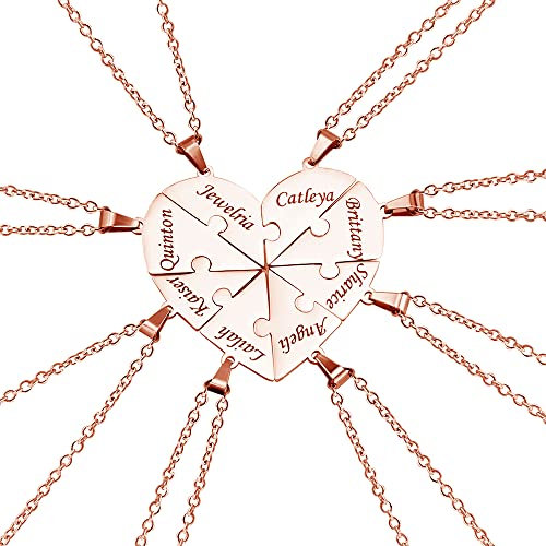 Kiddo Sky Personalisiertes Sterling Silber Herz Puzzle Halsketten Set – Benutzerdefinierter Name 2/3/4/5/6/7/8 Teile BFF & Familienschmuck mit Gravur Elegante Verpackung für Freunde - Roségold