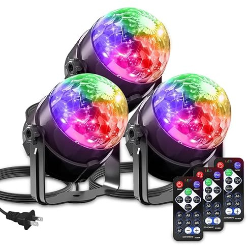 Yiixuyo Sound Activated Party Lights with Remote Control Dj Lighting, Disco Ball Light Projected Effect Dancing Lights, Strobe Lamp for Parties Supplies Birthday Christmas Bar KTV Decorations -3-Pack
