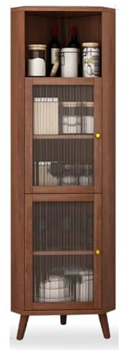 WEIDPHL Hoher Eckschrank Mit Glastüren Und Verstellbaren Regalen, Freistehender Eckschrank Für Die Küche Im Wohnzimmer,Walnut