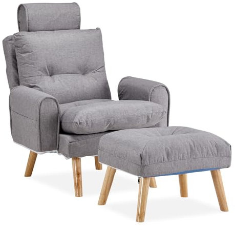 TUKAILAI Relaxsessel mit Liegefunktion aus Leinen, Sessel mit Hocker, Fernsehsessel mit Kopfstütze,Holzbeinen, Verstellbar Ohrensessel, Lesesessel bequem für Wohnzimmer Schlafzimmer Lounge, Grau