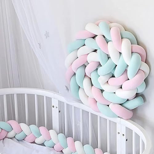 AmphaDeco Bettschlange Geflochtenes Seitenschläferkissen, Babybett Umrandungen, Seitenkissen Baby, Kissen Deko Wickeltisch,Weiß rosa grün,100cm
