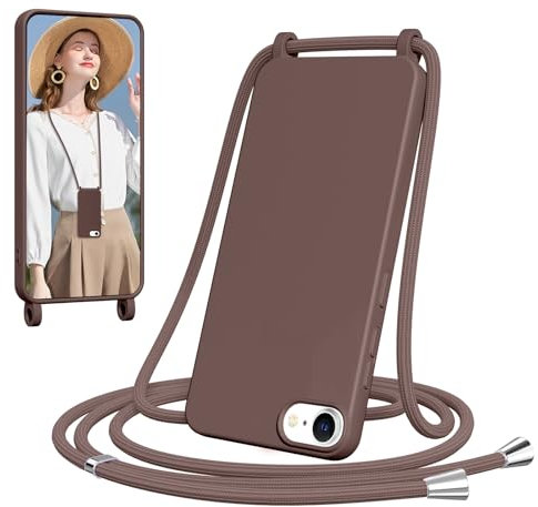 Woijrly Handyband für iPhone 8/iPhone SE 2020/iPhone 7/SE 2022 Hülle mit Band, Weiche TPU Silikon Necklace Handyhülle mit Abnehmbar Kordel, Verstellbar, Stossfest Handy Schutzhülle,Braun